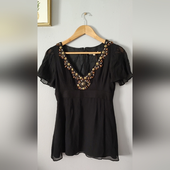 Nanette Lepore  top Blouse Black Size 2 Zipper Back Embellished Neck Good Condit - Picture 2 of 14